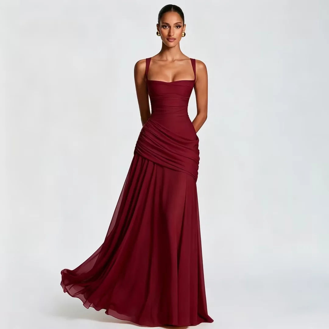 Pleated Square Neck Maxi Dress