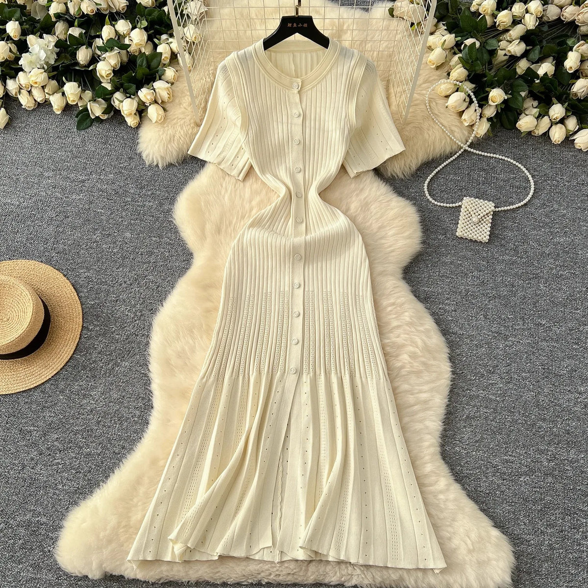 YuooMuoo Brand Fashion Vintage Turn-down Collar Knit Maxi Dress Elegant Single-breasted A-line Long Shirt Dress Lady Vestidos