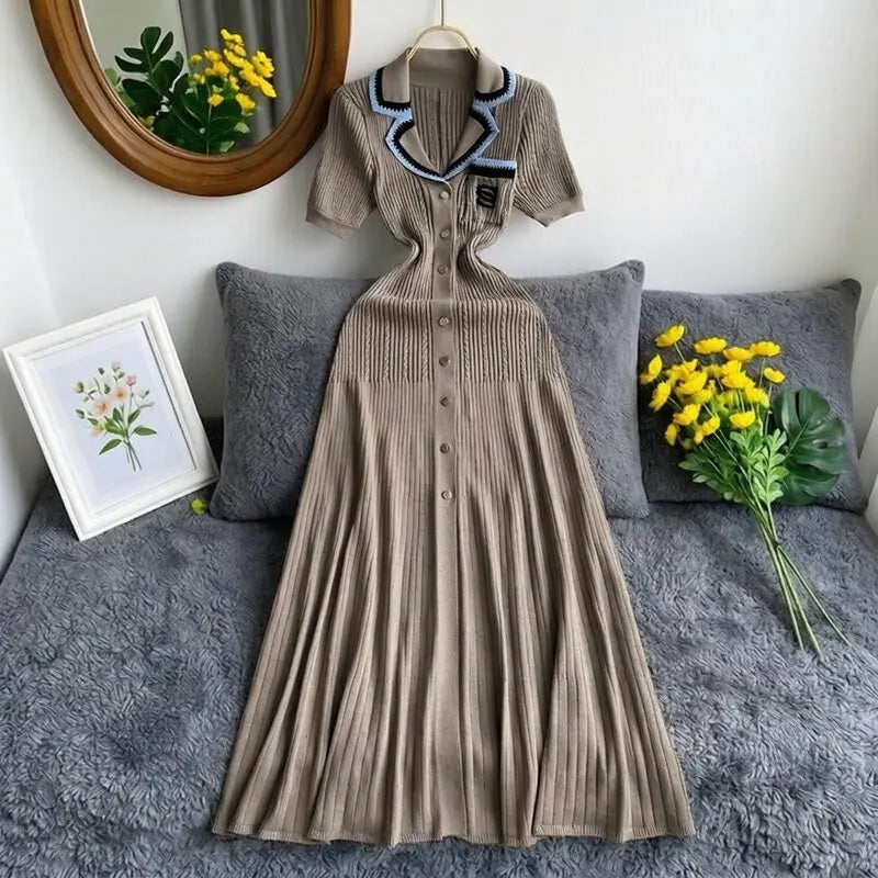 YuooMuoo Brand Fashion Vintage Turn-down Collar Knit Maxi Dress Elegant Single-breasted A-line Long Shirt Dress Lady Vestidos