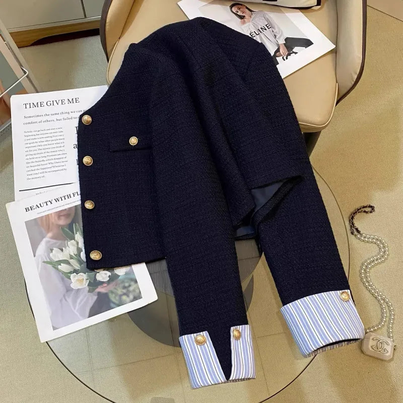 Navy Blue Short Jacket for Women Fashion Striped Patchwork Long Sleeve Coat Woman Spring Autumn French Gold Button Tweed Jacket
