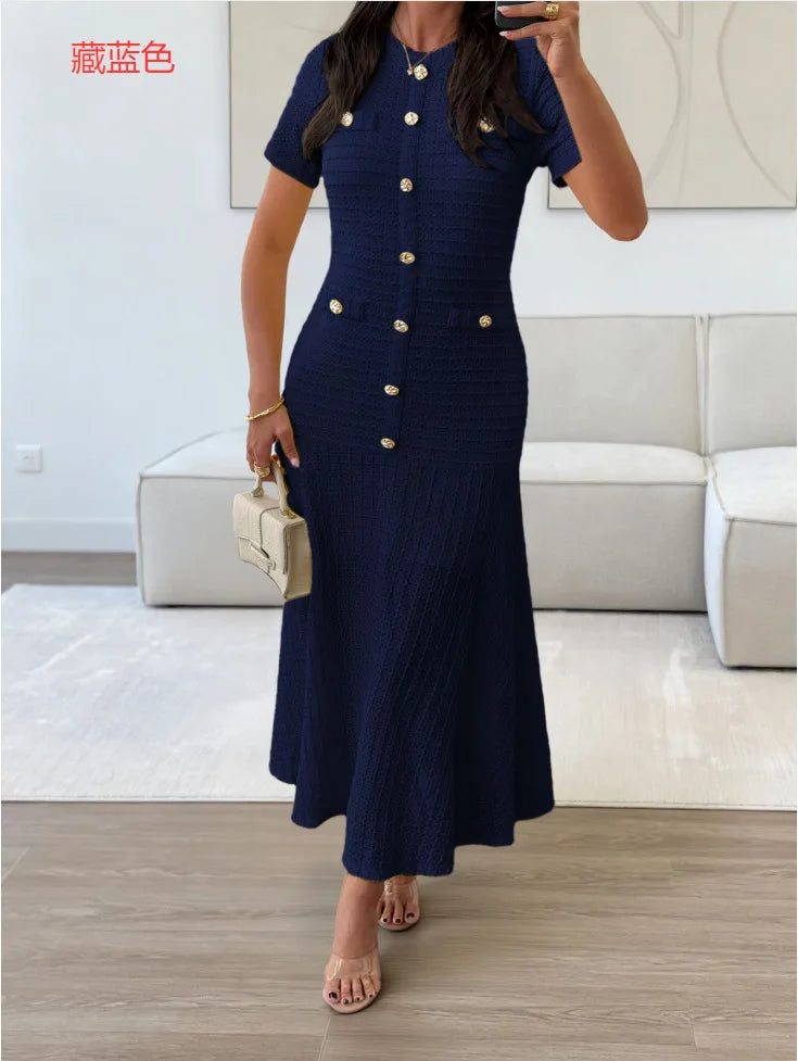 Women's Solid Color Midi Dress Short Sleeve Gold Button Decorated Fitted Flared Hem Gown Elegant Retro Outfit Dating & Parties