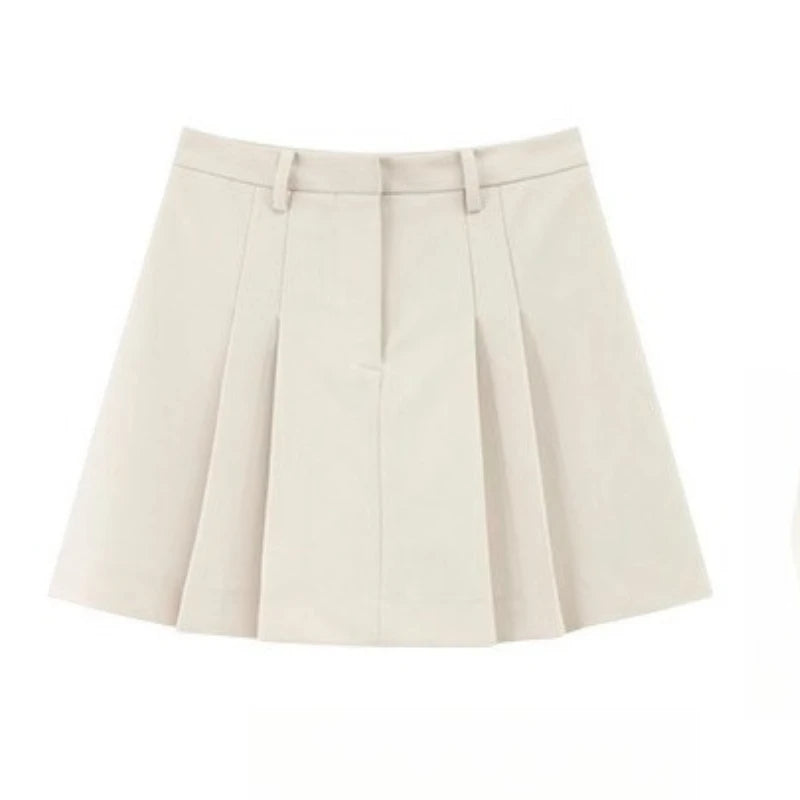 High Waist Pleated Mini Skirt Women Cream A-Line Short Skirt Korean Preppy Style Casual Skirt for Summer Daily or School Outfits