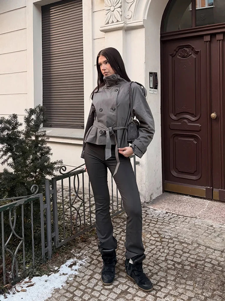 2026 Spring Women's Solid Lace Up Trench Coat Stand Collar Double Breasted Jacket Stylish New Lady Long Sleeve Outerwear Street