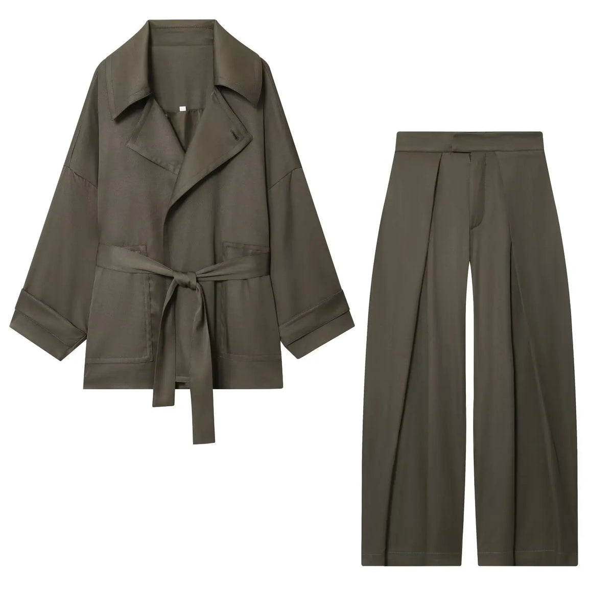 Women Mid Waist Pants Set Two Piece Casual Flowing Belted Jacket Front Pleat Trousers 2 Piece Set Women Outfit