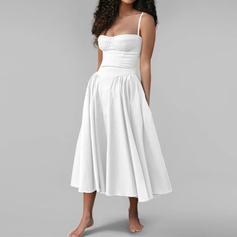 Women Spaghetti Strap Midi Dress Elegant Bustier Corset Dress High Waist A Line Flare Sundress Elegant Wedding Guest Party Dress