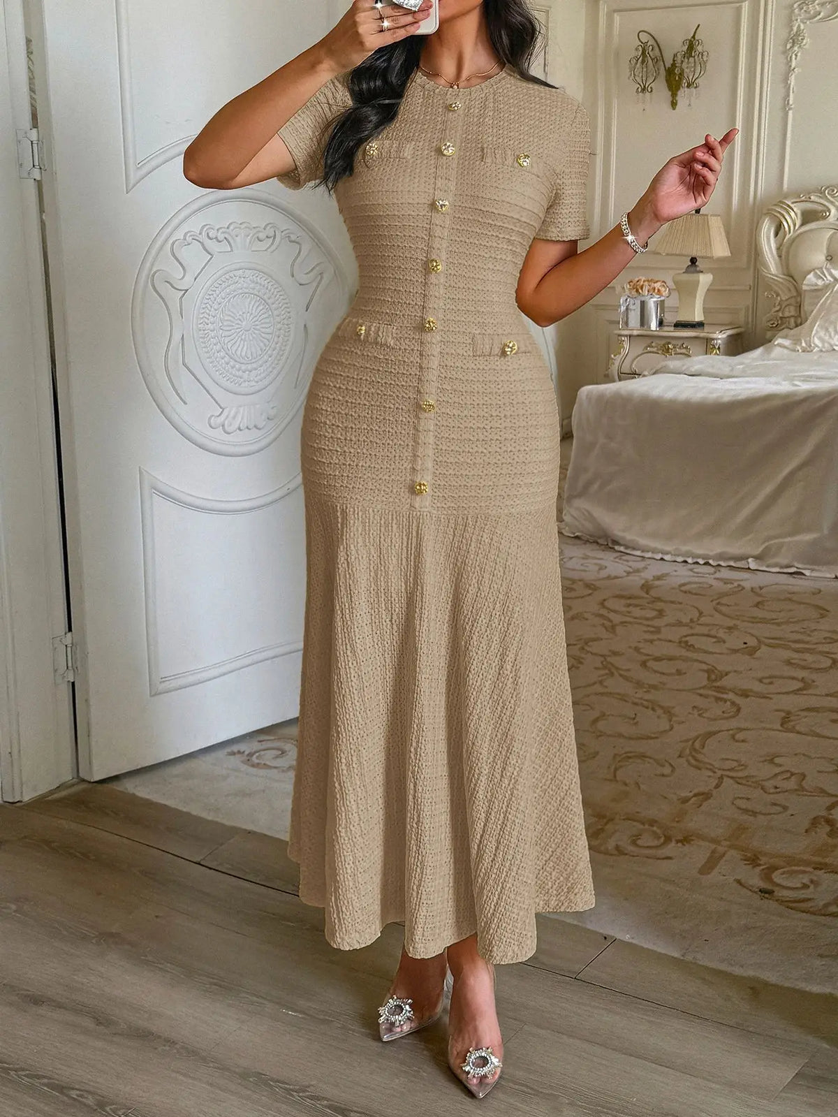 Women's Solid Color Midi Dress Short Sleeve Gold Button Decorated Fitted Flared Hem Gown Elegant Retro Outfit Dating & Parties