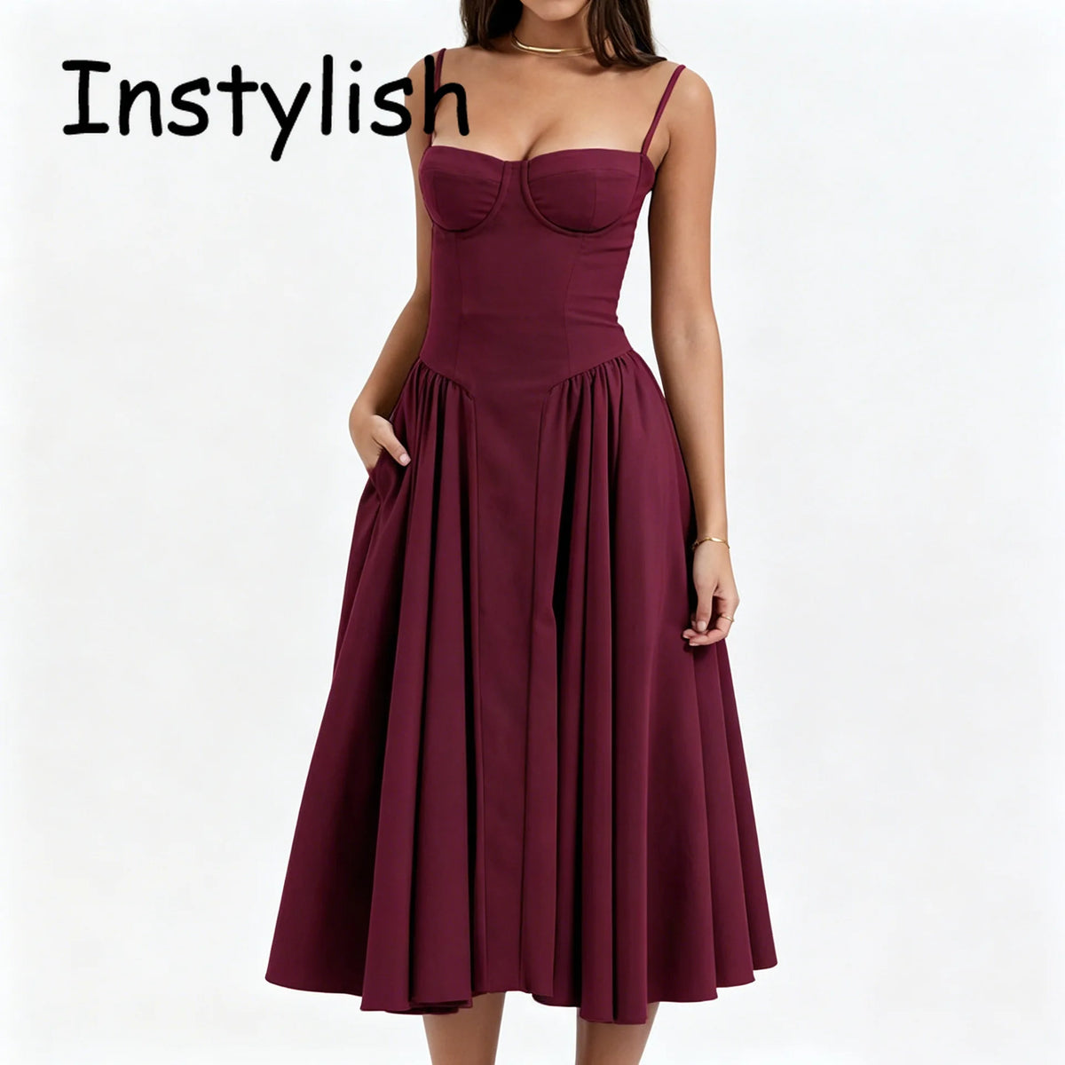 Women Spaghetti Strap Midi Dress Elegant Bustier Corset Dress High Waist A Line Flare Sundress Elegant Wedding Guest Party Dress